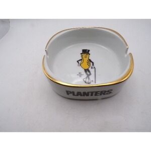 Vintage Planters Mr Peanut Ceramic Ashtray Gold Trim White‎ Advertising 4 Inch